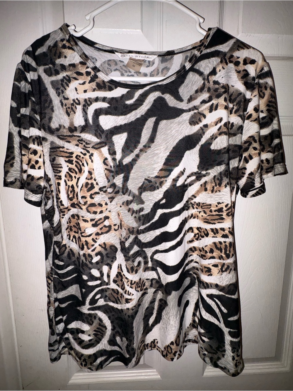Peter Nygard Animal-Print Short Sleeve Top in Beige Black White